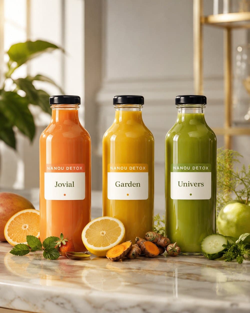 Les trois jus Nanou Detox, Jovial, Garden et Univers, posés sur un plan de marbre avec des fruits et des légumes frais.