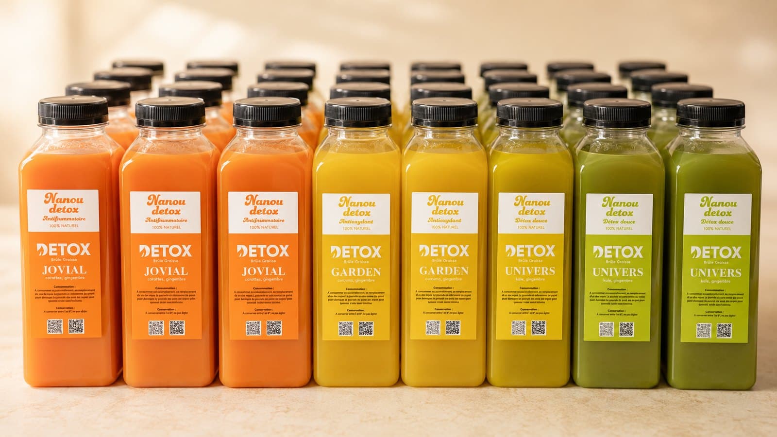 La gamme Nanou Detox alignée, les Jovial orange, les Garden jaunes et les Univers verts.